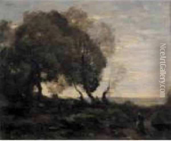 Arbres Tordus Sur Une Crete (soleil Couchant) Oil Painting - Jean-Baptiste-Camille Corot