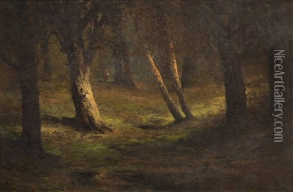 Forest Scene With A Figure In The Distance Oil Painting - Ralph Davison Miller