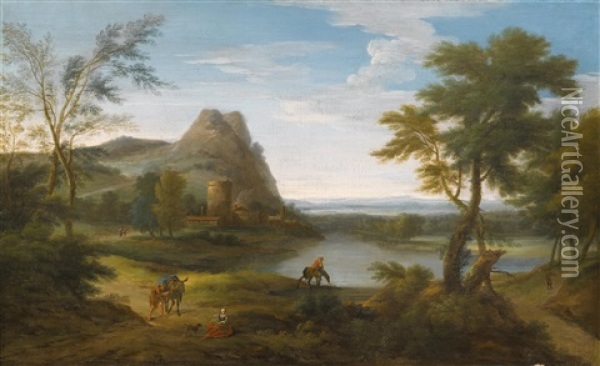 Figuren In Einer Flusslandschaft Oil Painting - Gaspard Dughet