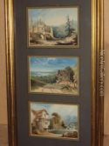 Continental Landscapes With Cottages And A Castle Oil Painting - Alexandre Calame