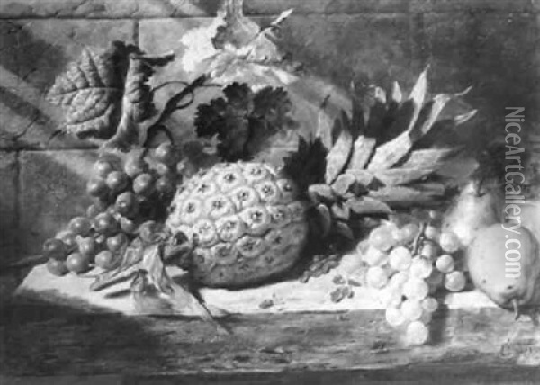 Still Life Of Black And White Grapes, Pears, Redcurrants Anda Pineapple On A Ledge Oil Painting - George Lance