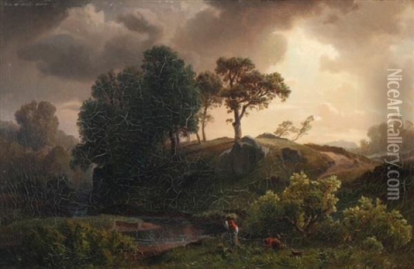 Sunlight Breaking Through Heavy Clouds Over A Landscape Oil Painting - August Friedrich Kessler