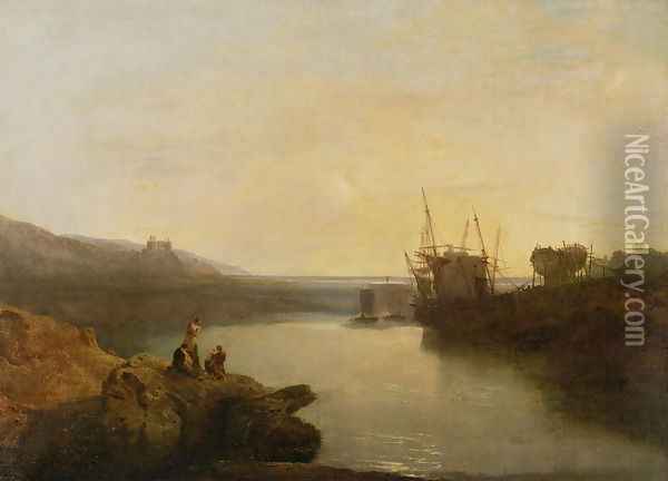 Harlech Castle, from Twgwyn Ferry, Summers Evening Twilight Oil Painting - Joseph Mallord William Turner