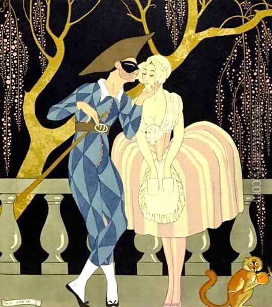 Harlequin's Kiss Oil Painting - Georges Barbier