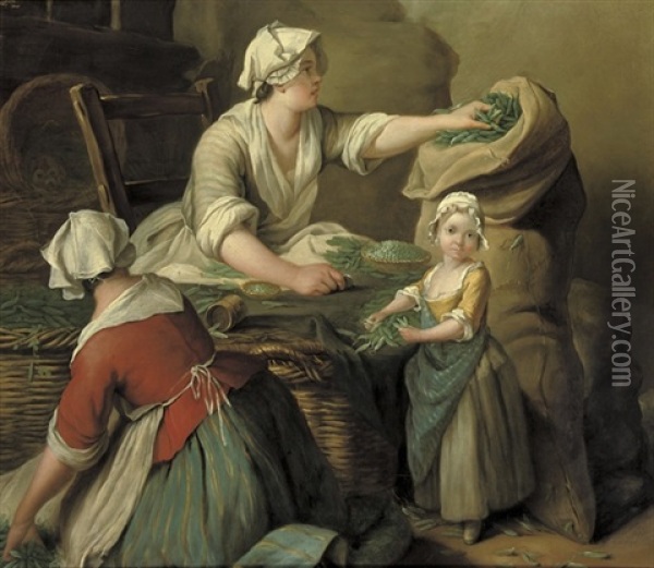 Kitchen Maids Selling Vegetables In An Interior Oil Painting - Jean-Baptiste Charpentier the Elder