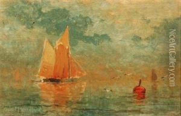 Sailboats In A Harbor, Sunset Oil Painting - George Herbert McCord