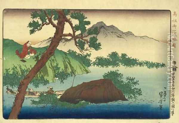 Nichiren converting the spirit of a cormorant fisherman on the Isawa river in the province of Kai Oil Painting - Utagawa Kuniyoshi