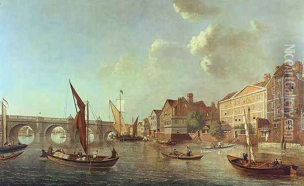Westminster Bridge looking up the River, c.1749 Oil Painting - Samuel Scott