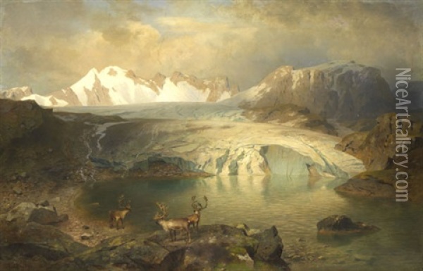 Fjordlandschaft Mit Gletscher Und Rentieren Oil Painting - August Wilhelm Leu