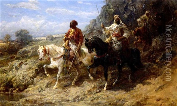 Arabian Horsemen Descending From The Hills Oil Painting - Adolf Schreyer