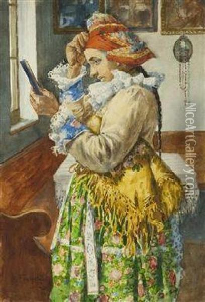 A Girl In A Folk Costume Oil Painting - Anton Frolka