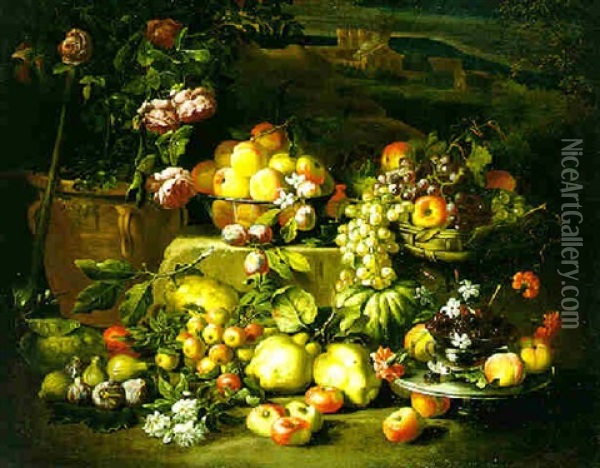 Still Life Of Fruit In A Woven Basket And An Urn With Birds And Flowers Scattered In A Landscape Oil Painting - Abraham Brueghel
