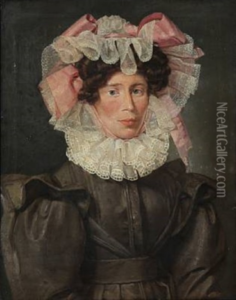 Portrait Of Anne Cathrine Mariager, Nee Schultz, With A Big White Tulle Bonnet On Her Head, A Collar Around Her Neck And A Greyish Brown Dress Oil Painting - Christian Albrecht Jensen