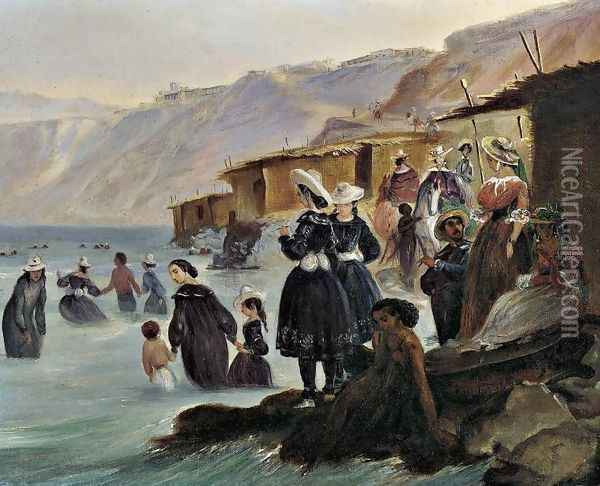 Los baños de Miraflores - Bañistas y cabañas en la playa de Chorillos, Lima Oil Painting - Johann Moritz Rugendas