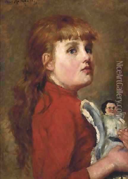 Young girl with her doll Oil Painting - Charles-Dominique-Oscar Lahalle