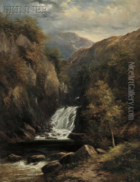 View Of A Surveyor At The Base Of A Waterfall Oil Painting - Adam Barland