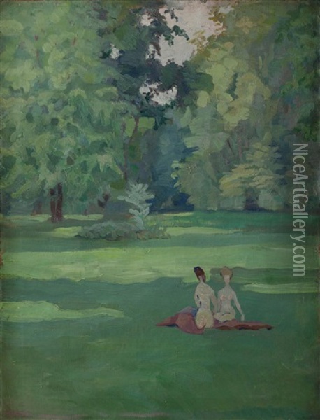 Zwei Frauen Auf Der Wiese Sitzend Im Sommerlichen Park Oil Painting - Emil Orlik