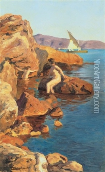 Piheno Akt A Tengerparton, Dalmacia - Reclining Nude At The Seaside, Dalmacia Oil Painting - Robert Nadler