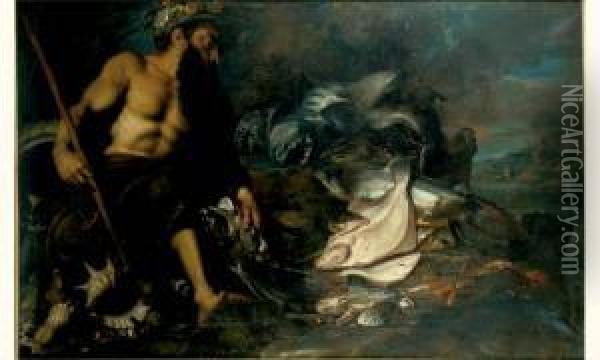 Allegorie De L'eau : Un Triton Avec Poissons, Crustaces Et Coquillages Marins Oil Painting - Abraham Janssens van Nuyssen