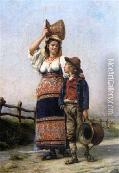 Paysanne Italienne Et Son Fils Oil Painting - Charles Baptiste Schreiber