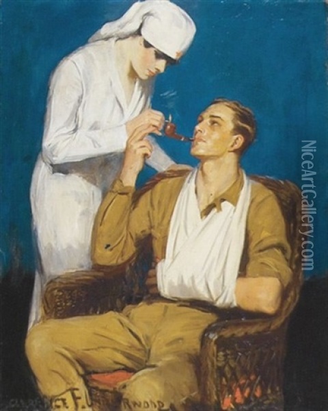 Nurse Lights Pipe For Wounded Soldier (illus. For R.j. Reynolds Tobacco Co.) Oil Painting - Clarence Frederick Underwood