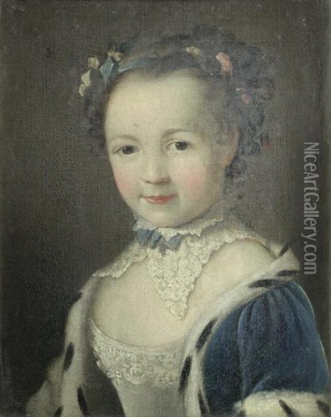 Portrait Of A Young Lady, Bust-length, In A Blue Cloak Trimmed With Ermine Oil Painting - Pehr Hillestrom