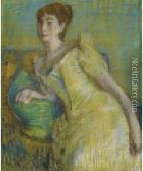 Femme Assise, Robe Jaune Oil Painting - Edgar Degas