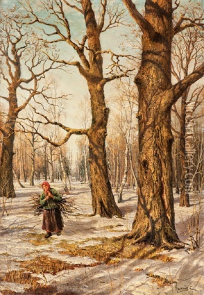 Verschneiter Wald Mit Reisigsammlerin Oil Painting - Konstantin Yakovlevich Kryzhitsky