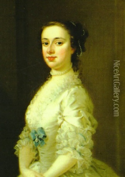 Portrait Of A Lady (catherine Sancroft?) Wearing A White Dress And Pearl Necklace And Ornaments Oil Painting - Jeremiah Davison