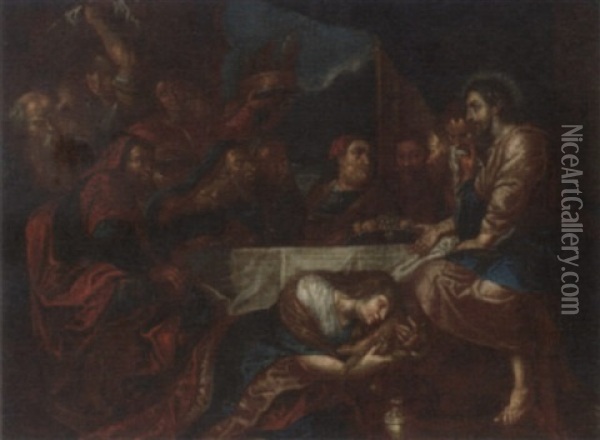 The Magdalen Washing The Feet Of Christ At The House Of Simon The Pharisee Oil Painting - Peter Van Lint