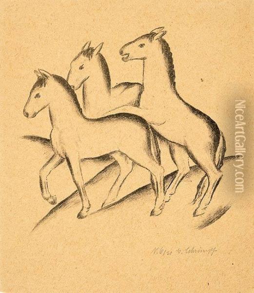 Drei Pferde Oil Painting - Georg Schrimpf