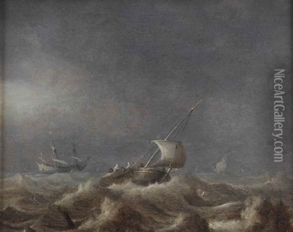 Fishing Vessels In Stormy Seas Oil Painting - Pieter Mulier the Elder