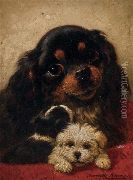 Cavalier King Charles With Her Pups Oil Painting - Henriette Ronner-Knip