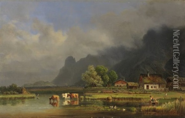 Der Kochelsee Mit Den Hausern Von Schlehdorf Oil Painting - Heinrich Buerkel