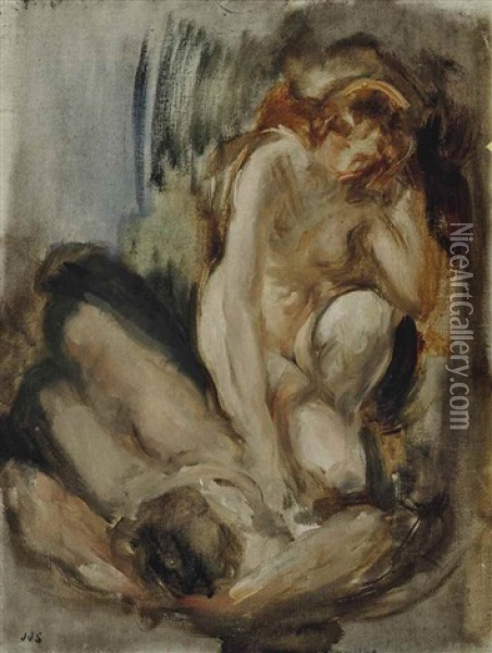 Two Female Nudes: Study For The Infant Bacchus. C. 1908 Oil Painting - James Jebusa Shannon