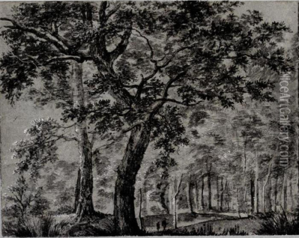 Woodland Scene, With Two Figures By A Tall Tree Oil Painting - Joris Abrahamsz Van Der Haagen