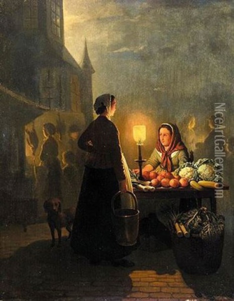 Market Stall By Moonlight Oil Painting - Petrus van Schendel