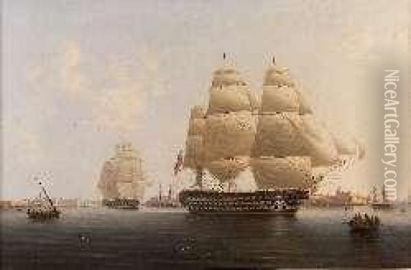H.m.s. Queen Flagship Of The Mediterranean Fleet Leavingmalta Oil Painting - Robert Strickland Thomas