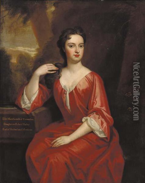 Portrait Of Elizabeth, 
Marchioness Of Carmarthen, Seated Three-quarter-length, In A Red Dress, 
By A Fountain, In A Landscape Oil Painting - Sir Godfrey Kneller
