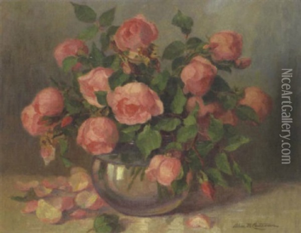 A Still Life With Pink Roses Oil Painting - Alice Brown Chittenden
