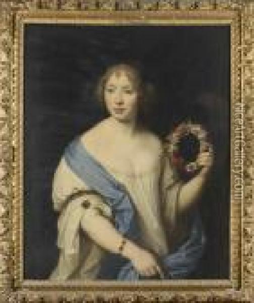 Portrait De Femme Tenant Une Guirlande De Fleurs Oil Painting - Nicolas Mignard