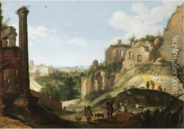 A Southern Landscape With Ruins, Possibly A Capriccio View Of Rome Oil Painting - Willem van, the Younger Nieulandt
