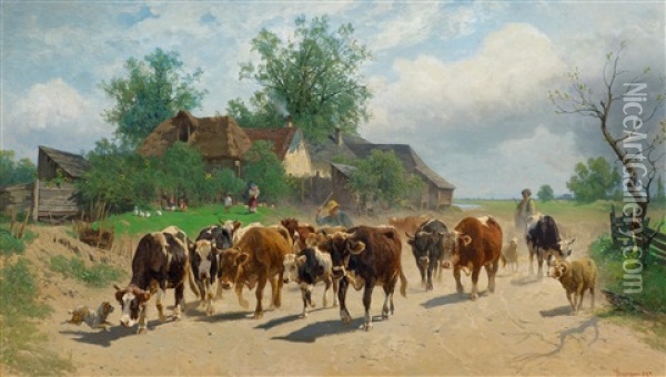 Cows At A River Oil Painting - Gustav Ranzoni