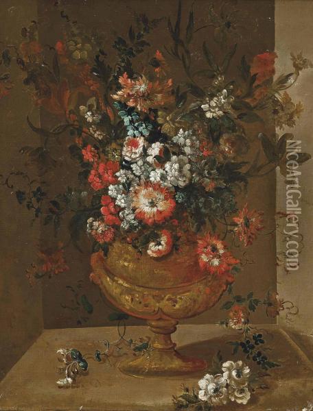 Roses, Carnations, Chrysanthemums And Other Flowers In A Sculptured Urn In A Niche Oil Painting - Jean-Baptiste Monnoyer