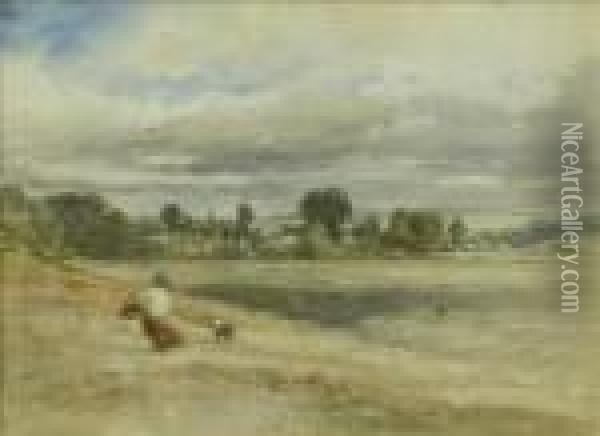Woman And Collie On A Hillside, A Town Beyond Oil Painting - David Cox