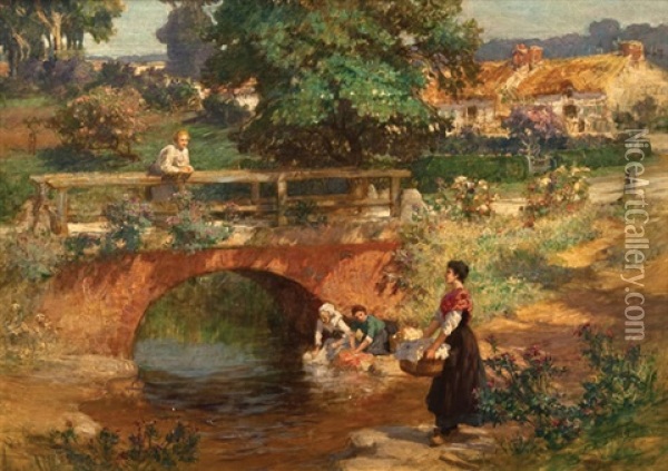 Village Scene, Washing Laundry Oil Painting - Frederick Arthur Bridgman