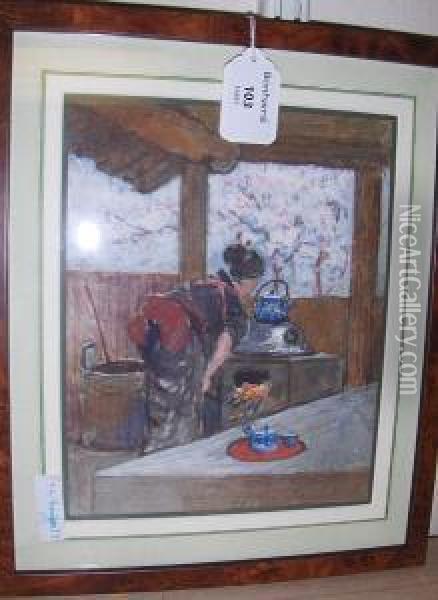 Japanese Maiden Making Tea, Signed, Inscribed Oil Painting - Robert Charles, Goff Col.