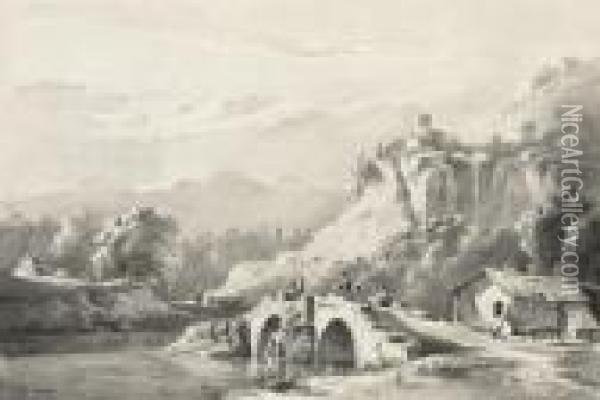 An Extensive Mountainous 
Landscape With Travellers On A Bridge By A Cottage, A Town Seen Beyond Oil Painting - Jean-Jacques De Boissieu