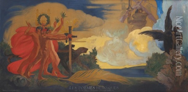 Les Poemes Heroiques, Les Tenebres Chassees Par Un Lumiere (etude Pour Le Foyer De Theatre De Louvain) (study) Oil Painting - Maurice Langaskens