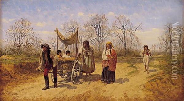 Wedrujacy Cyganie Oil Painting - Franciszek Streitt